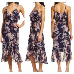 Chelsea 28 NWT Flounce Wrap Midi Dress Size S Navy Pink Floral Ruffle Chiffon